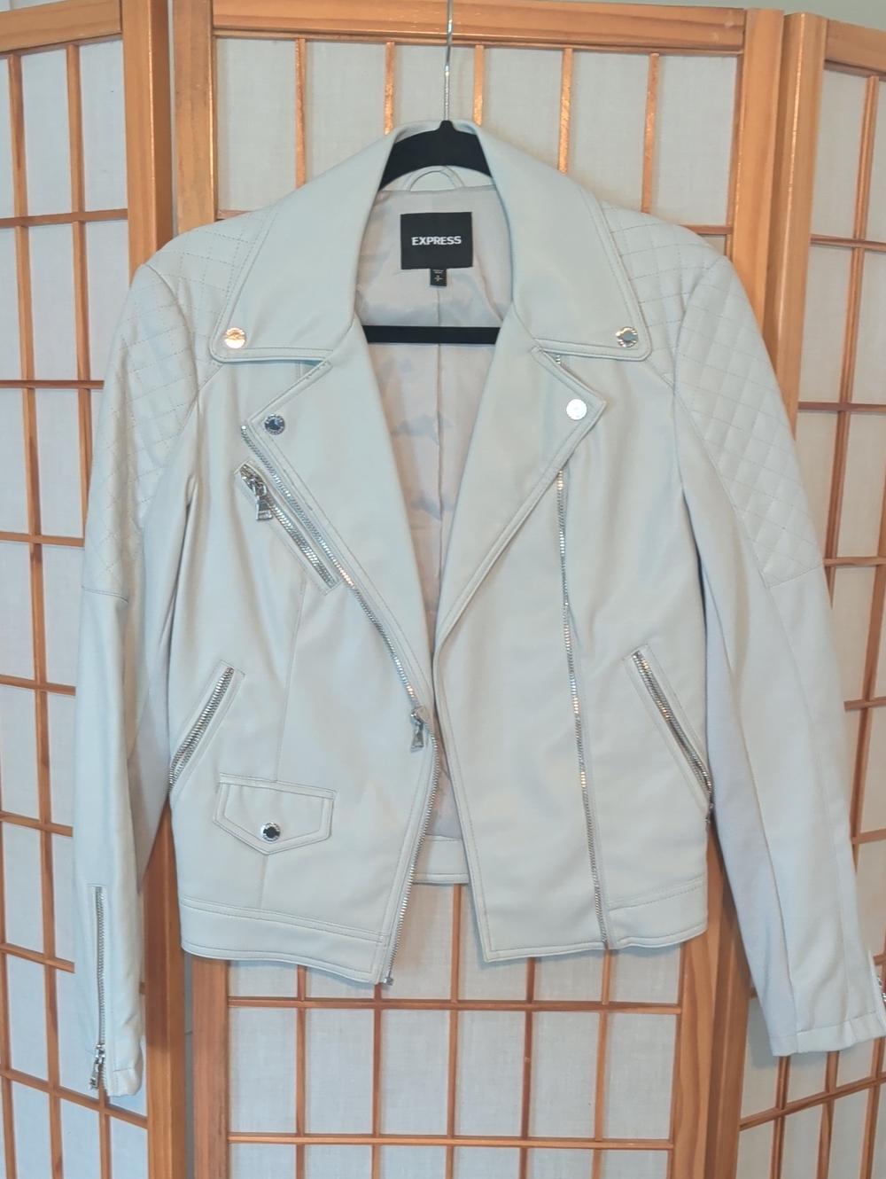Express Light Gray Quilted Shoulder Moto Jacket